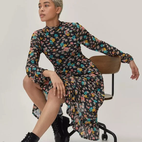 NWT Nasty Gal Floral Print Maxi Mid Smock Long Sleeves Women Cool Vibes Dress - Picture 5 of 9